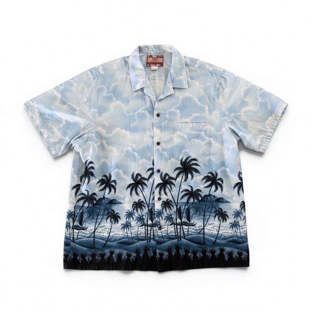 RJC Hawaii Hawaiian Shirt Mens 2XL Blue Palm Tree Beach Aloha Camp USA Made